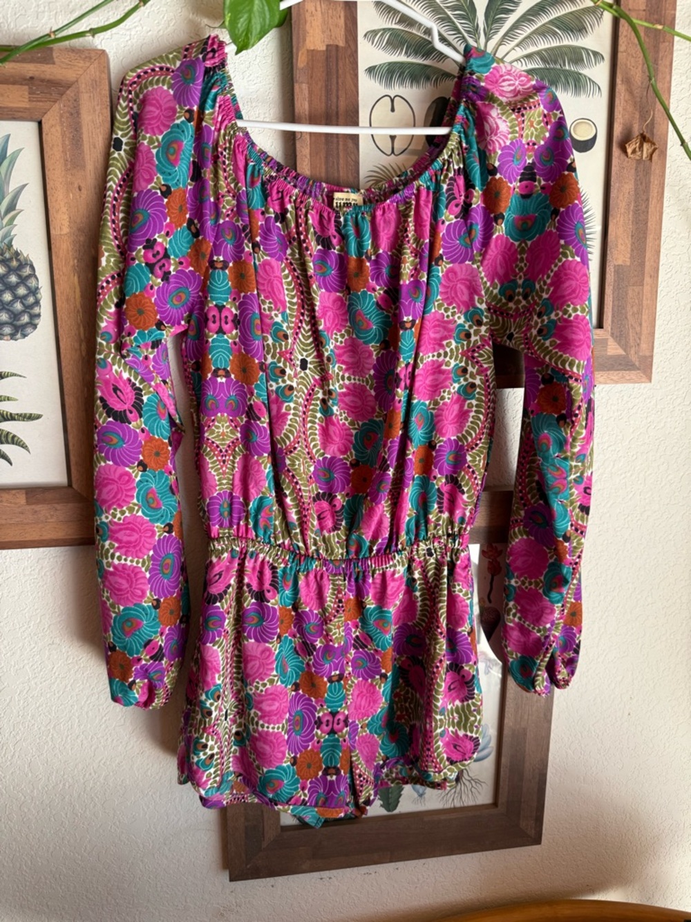 Show Me Your MUMU Vibrant Floral Off-Shoulder Romper in Fuchsia, Teal & Brown
